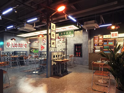 Chinese Style Restaurant Interior With Decorative Signs Wooden Tables And Hanging Lights 3d model