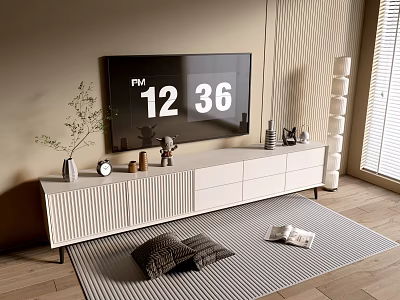 Modern TV Stand with Television Decorative Items Clock and Striped Rug 3d model