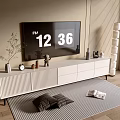 Modern TV Stand with Television Decorative Items Clock and Striped Rug