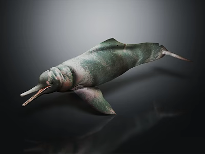Green Dolphin-like Marine Creature with Long Snout and Streamlined Body on Dark Reflective Surface 3d model