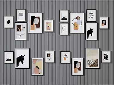 Minimalist Gallery Wall With Framed Art Prints Abstract Paintings And Horse Silhouette 3d model