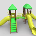 Outdoor Children Playground Equipment With Green Canopies Yellow Slides And Stairs