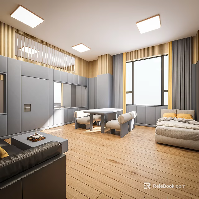 Modern Room Interior With Grey Storage Cabinets Wooden Flooring Sofa Bed And Yellow Curtains 3d model 