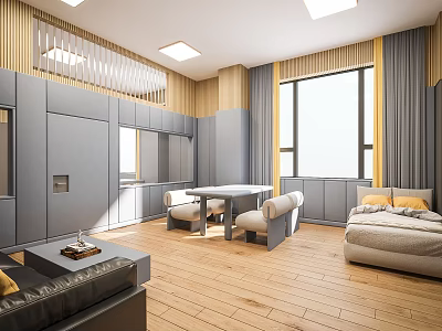 Modern Room Interior With Grey Storage Cabinets Wooden Flooring Sofa Bed And Yellow Curtains 3d model