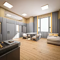 Modern Room Interior With Grey Storage Cabinets Wooden Flooring Sofa Bed And Yellow Curtains