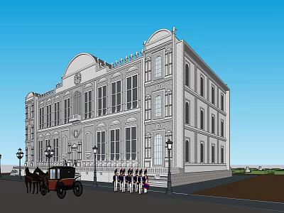 Classical European Detached Villa Exterior with Ornate Windows Symmetrical Design and Horse-Drawn Carriage 3d model