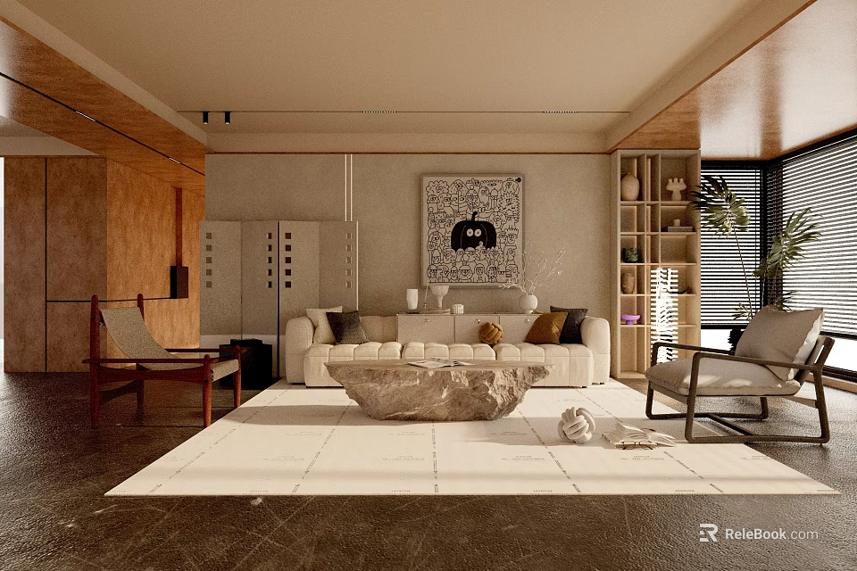 Modern Minimalist Living Room Interior With Sofa Area Rug And Decorative Painting 3d model 