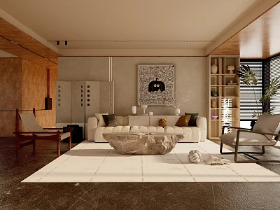 Modern Minimalist Living Room Interior With Sofa Area Rug And Decorative Painting 3d model