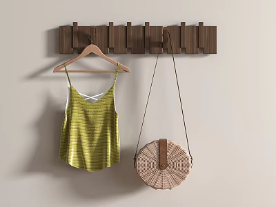 Wall Mounted Wooden Hooks Hanging Striped Camisole And Woven Bag 3d model Wall Mounted Wooden Hooks Hanging Striped Camisole And Woven Bag 3d model