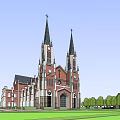 Historic Church Architecture With Red Brick Twin Towers Arched Entrance And Round Windows