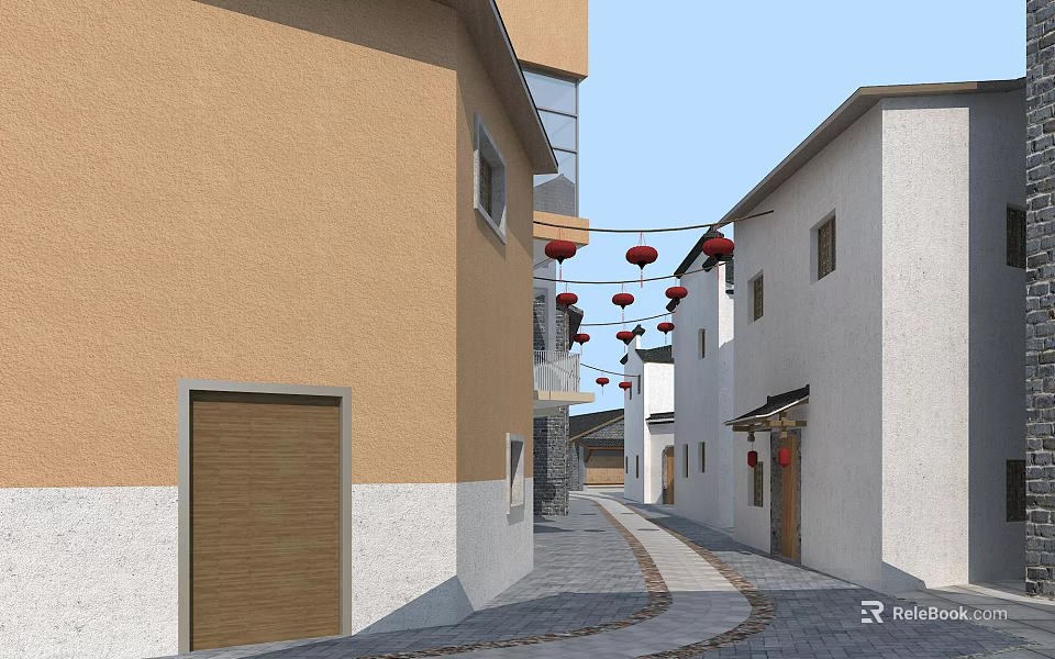 Traditional Commercial Street With Red Lanterns Hanging Above And Buildings on Both Sides 3d model 