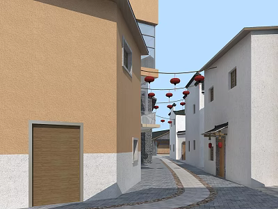 Traditional Commercial Street With Red Lanterns Hanging Above And Buildings on Both Sides 3d model