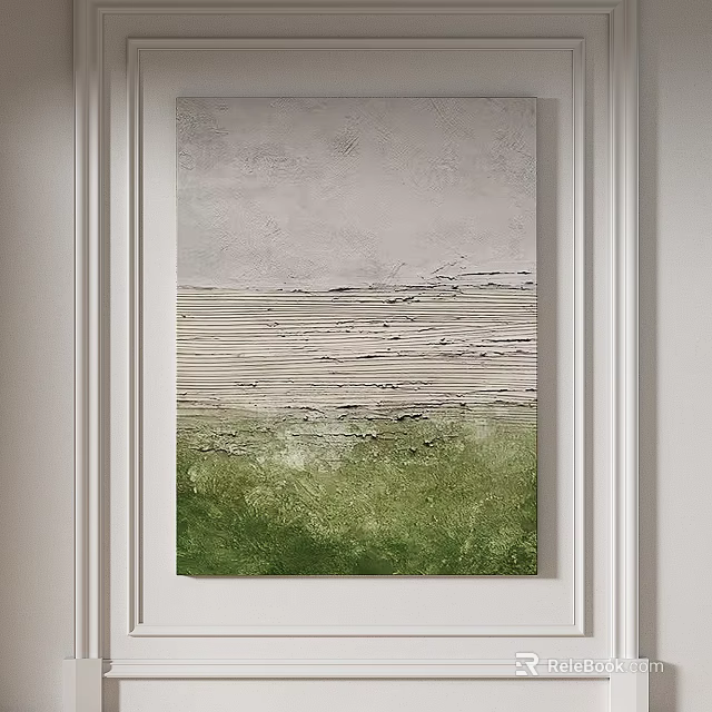 Abstract Painting With Green Gray Textured Layers And Line Patterns On White Wall 3d model