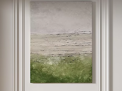 Abstract Painting With Green Gray Textured Layers And Line Patterns On White Wall 3d model