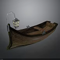 Vintage Wooden Boat With Hanging Lantern And Wooden Seats For Water Travel