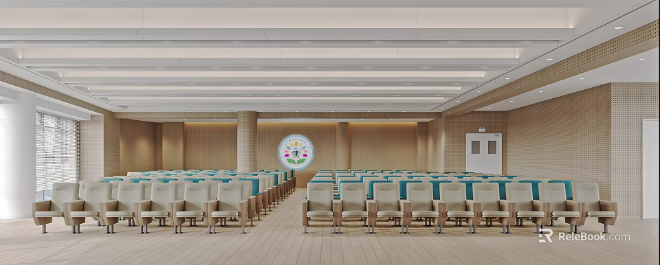 Spacious Conference Room Featuring Arranged Seats Wooden Walls Circular Logo And Bright Ceiling Lighting 3d model 