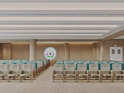 Spacious Conference Room Featuring Arranged Seats Wooden Walls Circular Logo And Bright Ceiling Lighting 3d model