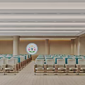 Spacious Conference Room Featuring Arranged Seats Wooden Walls Circular Logo And Bright Ceiling Lighting