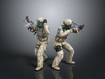 Tactical Military Game Characters Wearing Camouflage Suits With Rifles In Action 3d model
