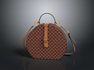 Round Checkerboard Pattern Handbag With Brown Leather Strap And Golden Hardware 3d model
