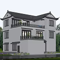 Chinese Style Detached Villa With Traditional Roof White Walls And Balconies Surrounded By Green Trees