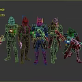 Game Movie Characters in Black Armor Standing with Red Glowing Elements and Weapons