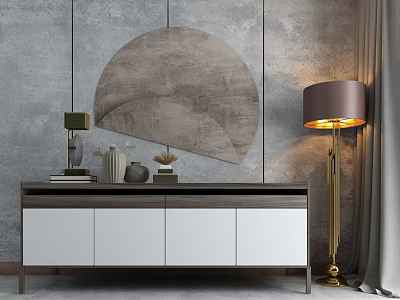 Modern Dark Wood White TV Stand With Round Mirror Floor Lamp And Decor 3d model