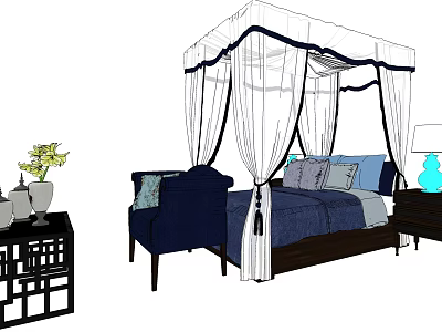 Elegant Double Bed With Canopy Bedding Blue Armchair Nightstand And Table Lamp 3d model