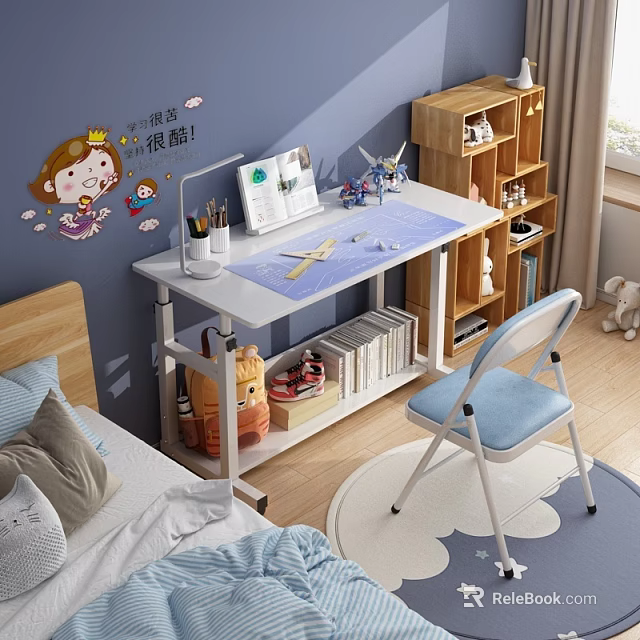 Cozy Study Desk With Blue Wall Cartoon Stickers Stationery Notebook Side Bookshelf And Blue Chair 3d model 