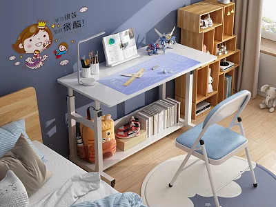 Cozy Study Desk With Blue Wall Cartoon Stickers Stationery Notebook Side Bookshelf And Blue Chair 3d model