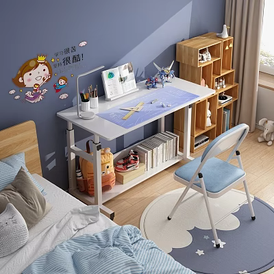 Cozy Study Desk With Blue Wall Cartoon Stickers Stationery Notebook Side Bookshelf And Blue Chair 3d model