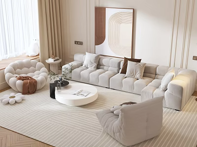 Modern Cozy Living Room Sofa Set With Throw Pillows Round Coffee Table And Striped Rug 3d model