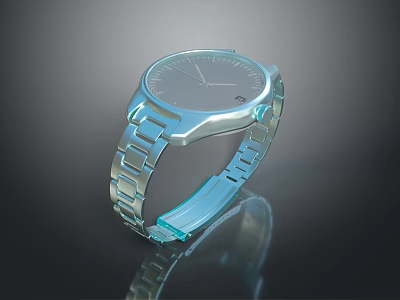 Blue Modern Watch With Round Dial And Metal Bracelet Reflective Surface 3d model