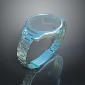 Blue Modern Watch With Round Dial And Metal Bracelet Reflective Surface