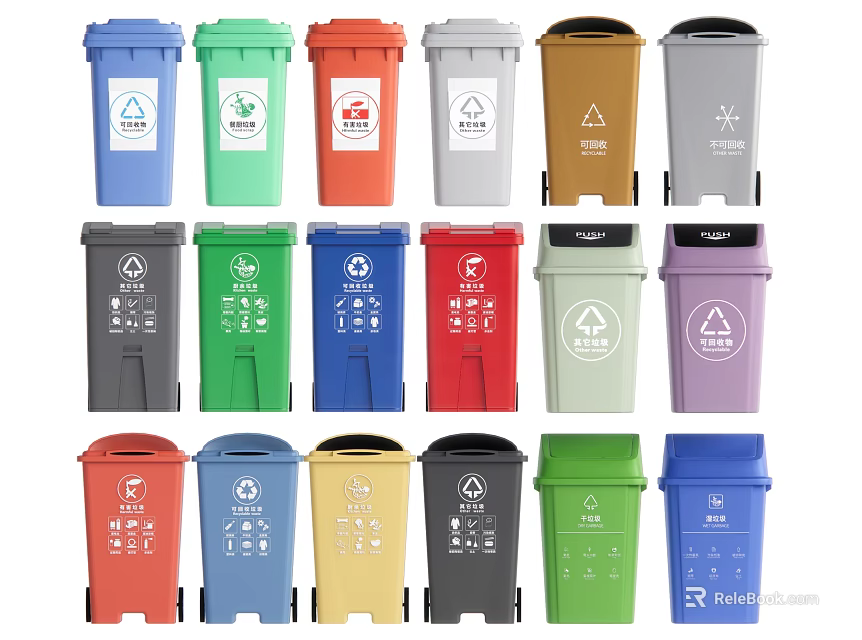 Public Trash Bins In Various Colors For Waste Separation And Recycling 3d model 