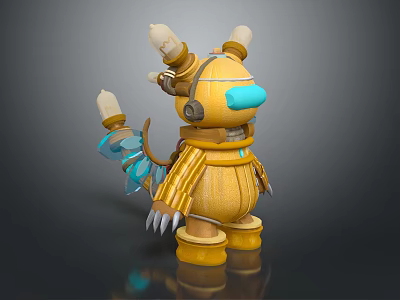 Yellow Mechanical Creature Character With Bulb Horns Blue Nose Mechanical Claws And Blue Tail 3d model