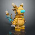 Yellow Mechanical Creature Character With Bulb Horns Blue Nose Mechanical Claws And Blue Tail
