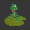 Cartoon Style Green Frog With Big Eyes Sitting On Yellow Lily Pads