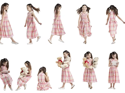 Young Girl In Pink Plaid Dress Showing Various Poses With Teddy Bear 3d model