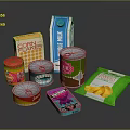 Daily Living Essential Food Items Including Corn Flakes Milk Carton Canned Goods And Potato Chips