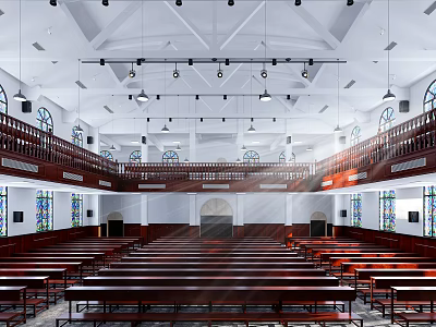 Religious Church Interior Featuring Wooden Pews Stained Glass Windows Two Level Balconies And Chandeliers 3d model