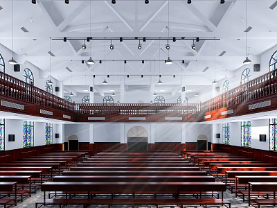 Religious Church Interior Featuring Wooden Pews Stained Glass Windows Two Level Balconies And Chandeliers 3d model