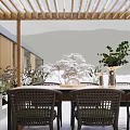 Snow Covered Outdoor Garden Landscape With Swimming Pool Colorful Floats Loungers And Wooden Pavilion