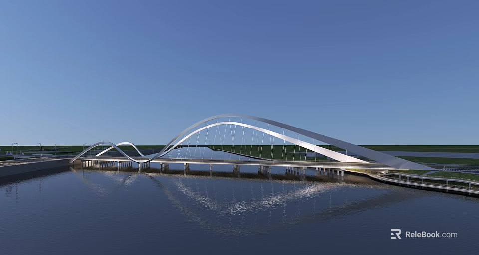 Modern White Arch Bridge Over Calm Water Surface With Clear Reflection Under Blue Sky 3d model