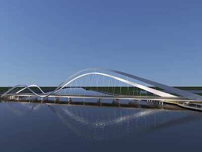 Modern White Arch Bridge Over Calm Water Surface With Clear Reflection Under Blue Sky 3d model