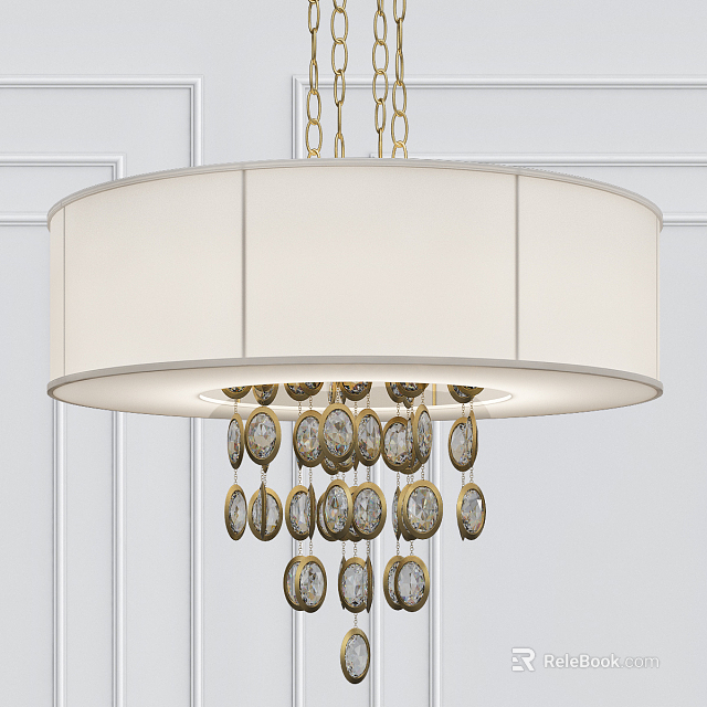 Elegant Modern Chandelier With White Fabric Shade Gold Chains And Crystal Pendants For Interior Decoration 3d model 