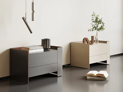 Modern Dark and Light Bedside Tables With Books Mug Vase Green Plant and Decorative Object 3d model