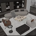 Modern Living Room Featuring Curved Beige Sofa Round Wooden Coffee Table And Accent Chairs