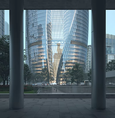 Modern Glass Curved Skyscraper With Reflective Facade Surrounded By Urban Trees 3d model