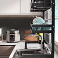 Organized Kitchen Shelf With Jars Pots Colorful Plates And Cooking Utensils